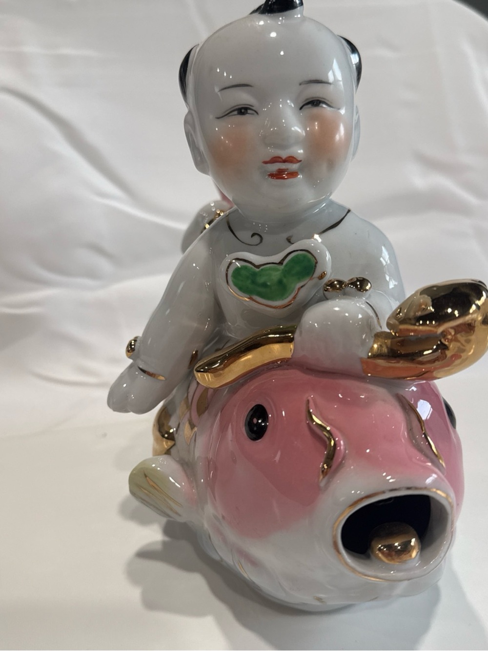 Vintage Asian Porcelain Boy With Dimples! sitting on Koi Fish Lotus figurine